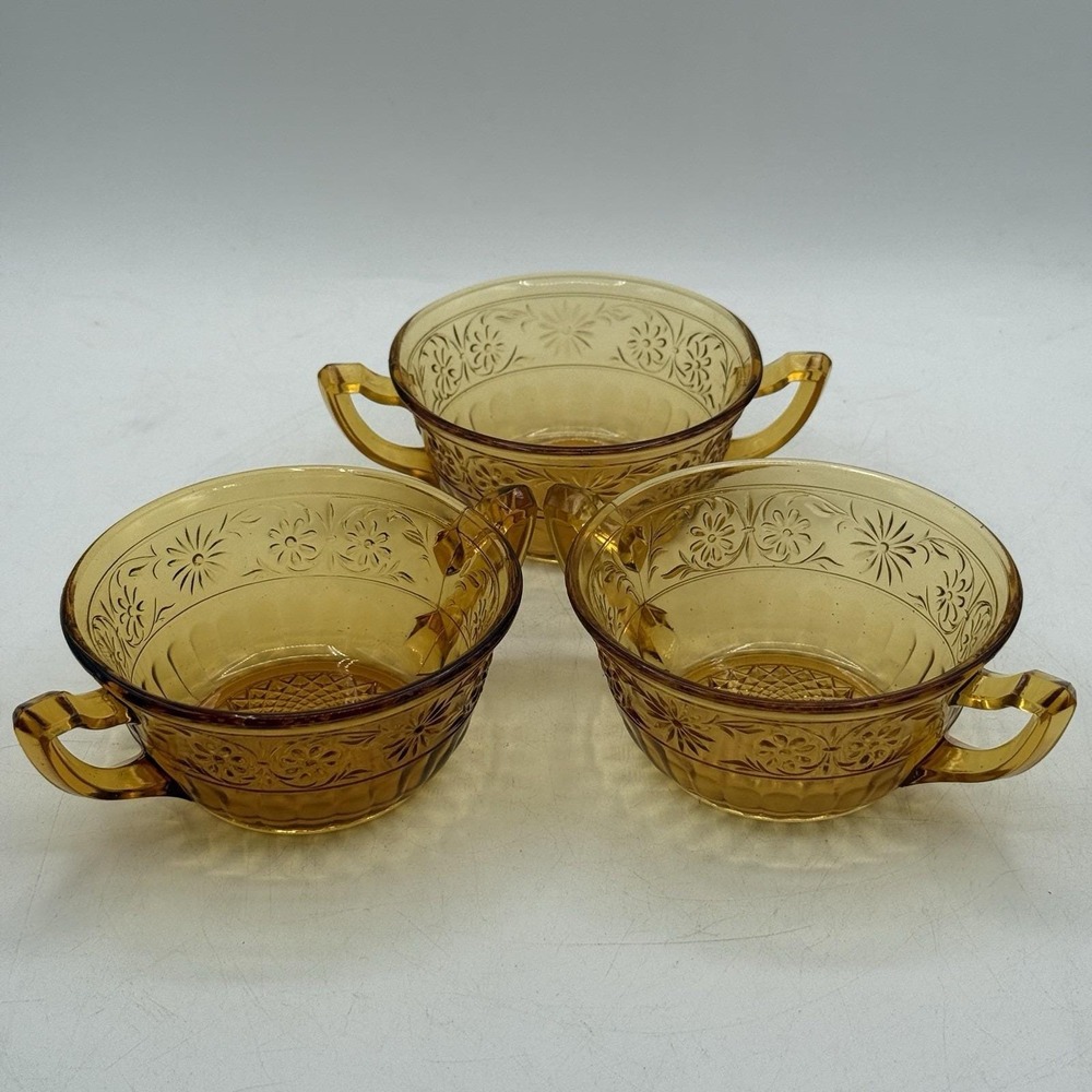 Set 3 Vintage Amber Indiana Glass 1940's Daisy #620 Cream Soup Bowls‎ W/Handles